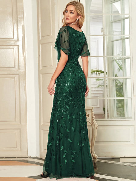 Women's Gold V-Neck Leaf-Sequined Mermaid Evening Gown