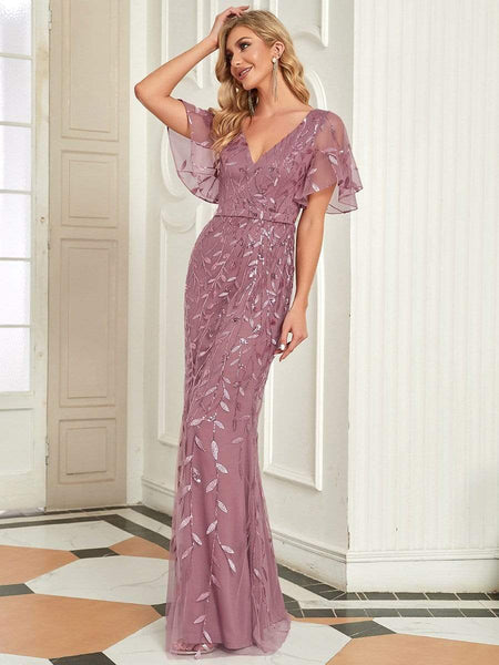 Women's Gold V-Neck Leaf-Sequined Mermaid Evening Gown