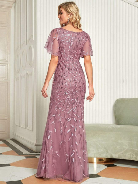 Women's Gold V-Neck Leaf-Sequined Mermaid Evening Gown
