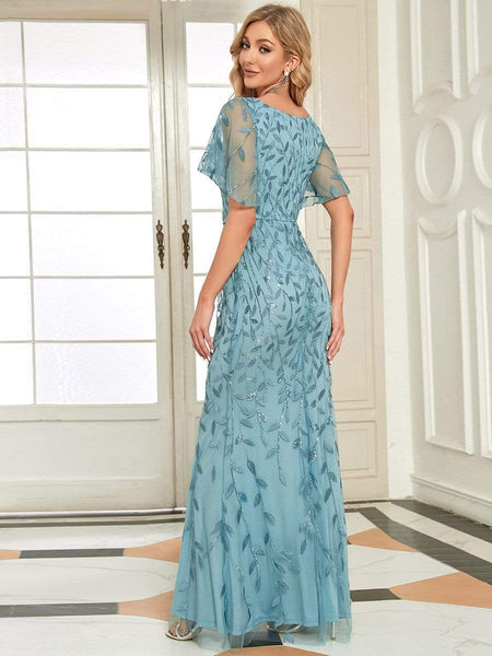 Women's Gold V-Neck Leaf-Sequined Mermaid Evening Gown