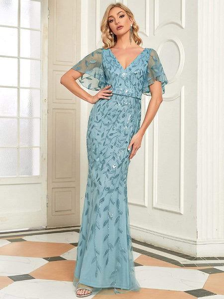 Women's Gold V-Neck Leaf-Sequined Mermaid Evening Gown