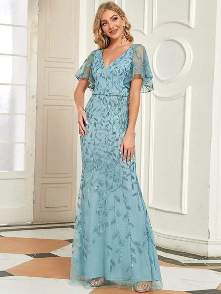 Women's Gold V-Neck Leaf-Sequined Mermaid Evening Gown