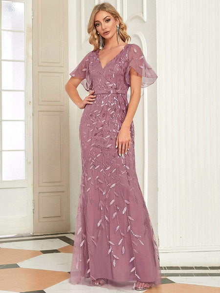 Women's Gold V-Neck Leaf-Sequined Mermaid Evening Gown