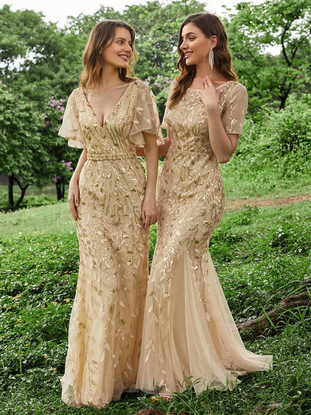 Women's Gold V-Neck Leaf-Sequined Mermaid Evening Gown