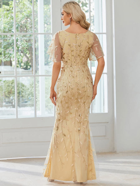 Women's Gold V-Neck Leaf-Sequined Mermaid Evening Gown