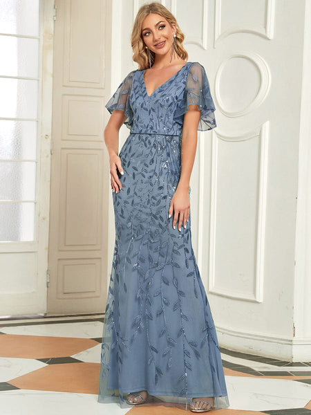 Women's Gold V-Neck Leaf-Sequined Mermaid Evening Gown