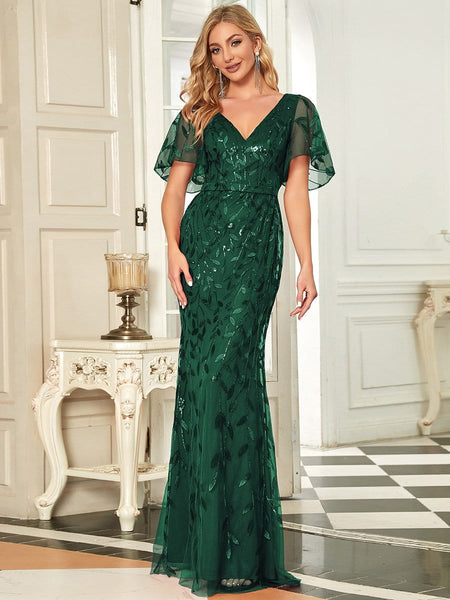 Women's Gold V-Neck Leaf-Sequined Mermaid Evening Gown