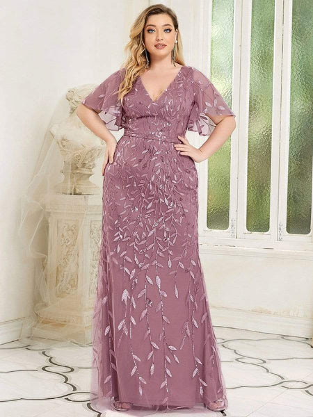Women's Gold V-Neck Leaf-Sequined Mermaid Evening Gown