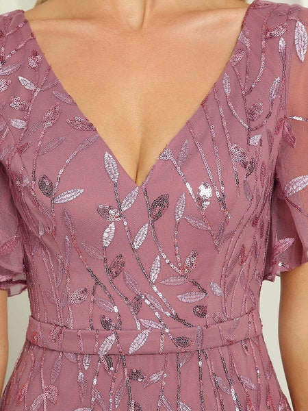 Women's Gold V-Neck Leaf-Sequined Mermaid Evening Gown