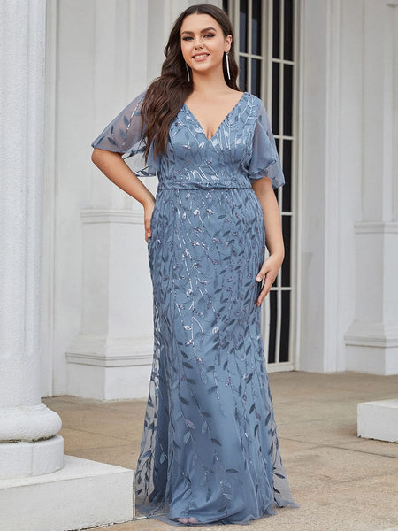 Women's Gold V-Neck Leaf-Sequined Mermaid Evening Gown