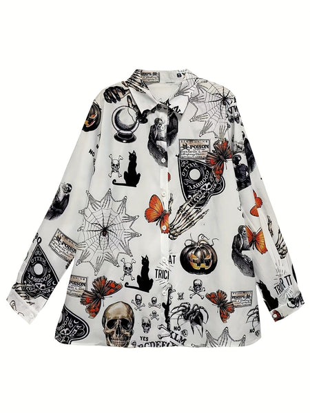 Gothic Butterfly Skull Print Plus Size Button-Up Blouse With Turn Down Collar
