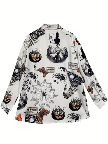 Gothic Butterfly Skull Print Plus Size Button-Up Blouse With Turn Down Collar