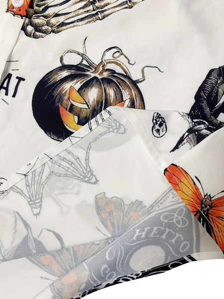 Gothic Butterfly Skull Print Plus Size Button-Up Blouse With Turn Down Collar
