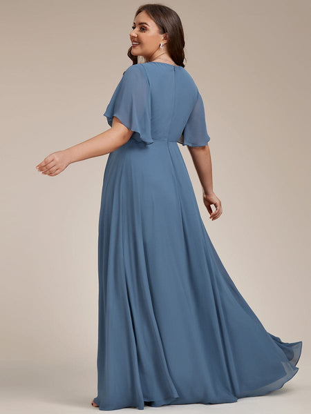 Women's Graceful Plus Size Floral A-Line Chiffon Evening Dress with Short Sleeves