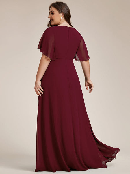 Women's Graceful Plus Size Floral A-Line Chiffon Evening Dress with Short Sleeves