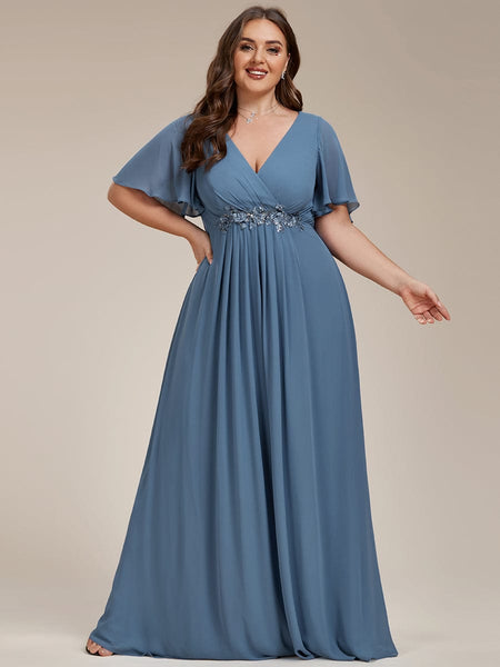 Women's Graceful Plus Size Floral A-Line Chiffon Evening Dress with Short Sleeves