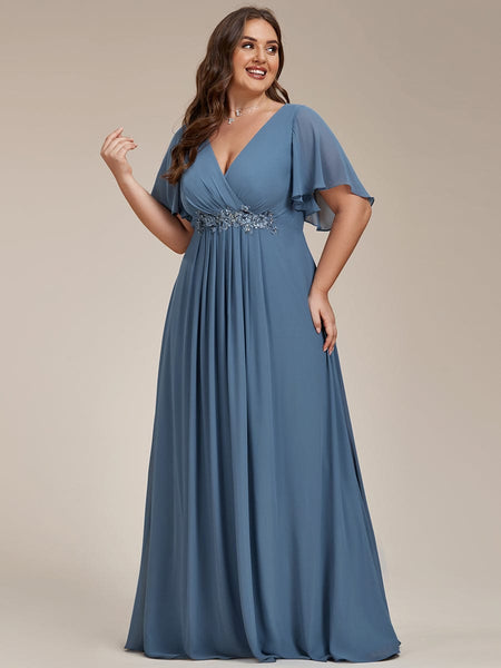 Women's Graceful Plus Size Floral A-Line Chiffon Evening Dress with Short Sleeves