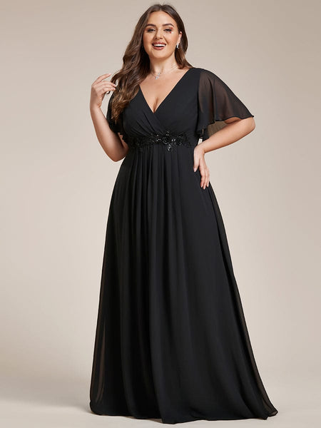 Women's Graceful Plus Size Floral A-Line Chiffon Evening Dress with Short Sleeves