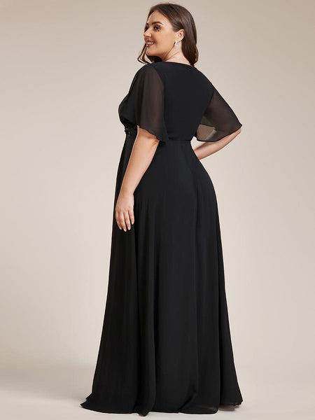 Women's Graceful Plus Size Floral A-Line Chiffon Evening Dress with Short Sleeves