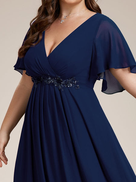Women's Graceful Plus Size Floral A-Line Chiffon Evening Dress with Short Sleeves