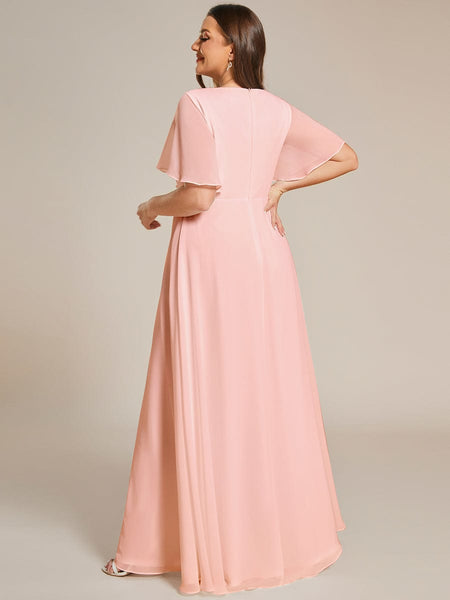 Women's Graceful Plus Size Floral A-Line Chiffon Evening Dress with Short Sleeves