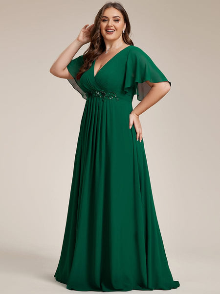 Women's Graceful Plus Size Floral A-Line Chiffon Evening Dress with Short Sleeves