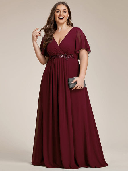 Women's Graceful Plus Size Floral A-Line Chiffon Evening Dress with Short Sleeves