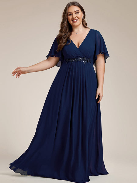 Women's Graceful Plus Size Floral A-Line Chiffon Evening Dress with Short Sleeves