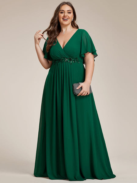 Women's Graceful Plus Size Floral A-Line Chiffon Evening Dress with Short Sleeves