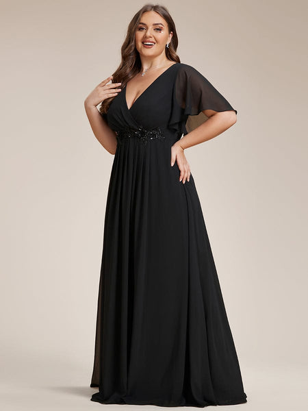 Women's Graceful Plus Size Floral A-Line Chiffon Evening Dress with Short Sleeves