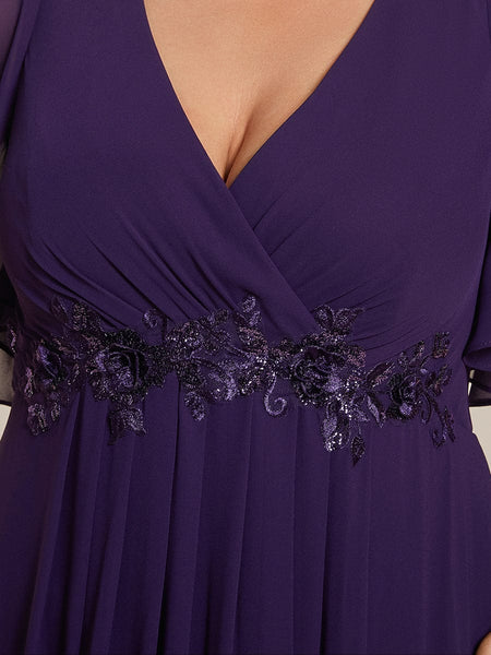 Women's Graceful Plus Size Floral A-Line Chiffon Evening Dress with Short Sleeves
