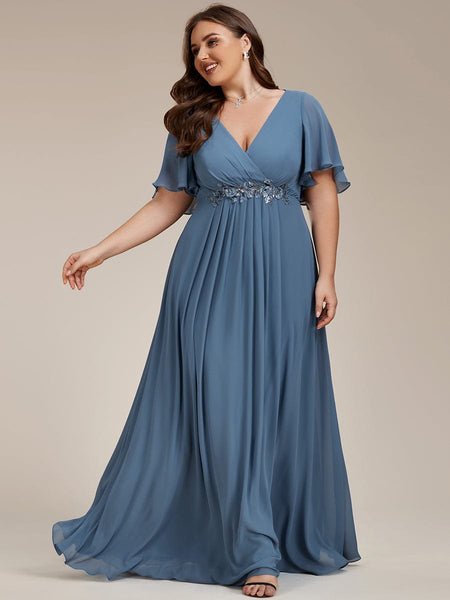 Women's Graceful Plus Size Floral A-Line Chiffon Evening Dress with Short Sleeves