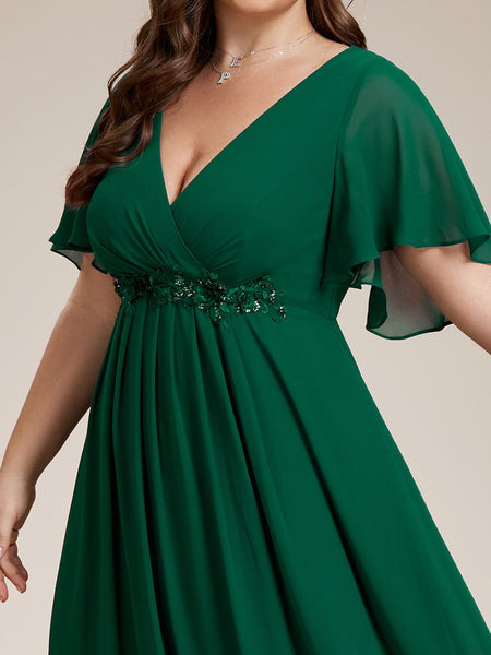 Women's Graceful Plus Size Floral A-Line Chiffon Evening Dress with Short Sleeves
