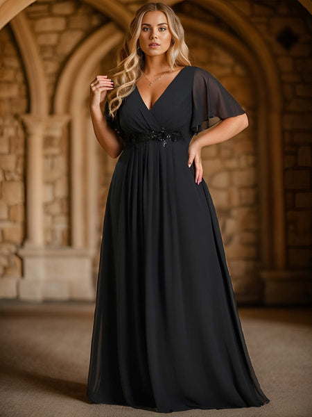 Women's Graceful Plus Size Floral A-Line Chiffon Evening Dress with Short Sleeves