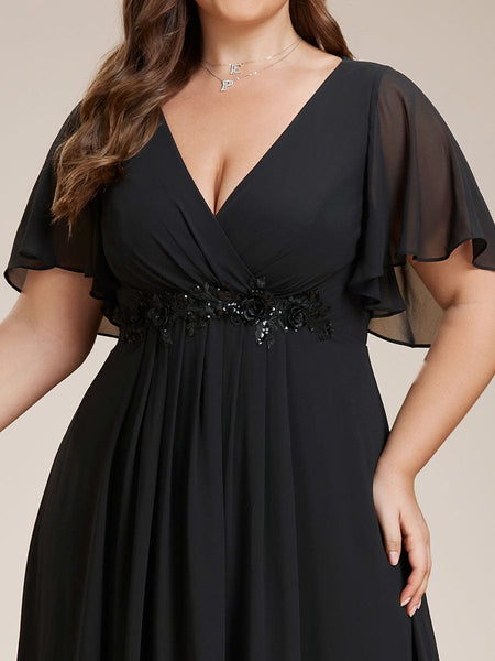 Women's Graceful Plus Size Floral A-Line Chiffon Evening Dress with Short Sleeves