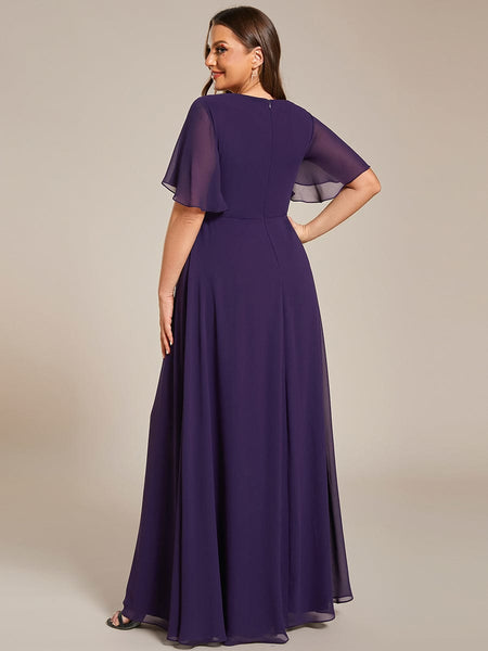 Women's Graceful Plus Size Floral A-Line Chiffon Evening Dress with Short Sleeves