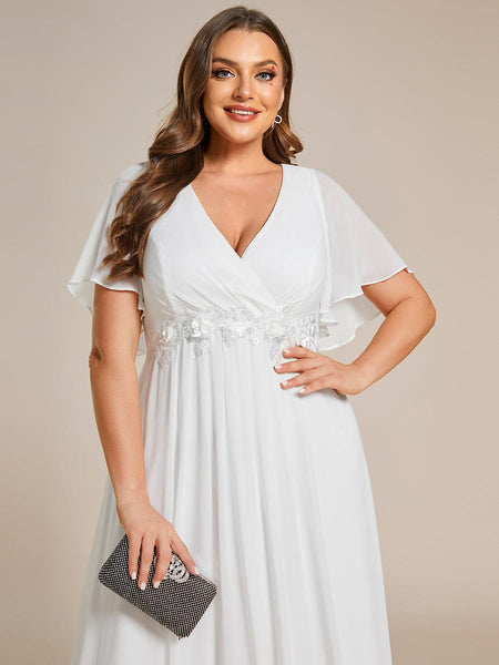 Women's Graceful Plus Size Floral A-Line Chiffon Evening Dress with Short Sleeves