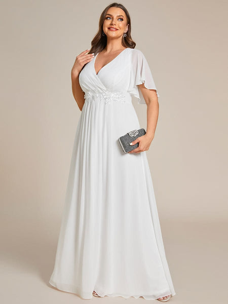 Women's Graceful Plus Size Floral A-Line Chiffon Evening Dress with Short Sleeves