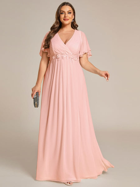 Women's Graceful Plus Size Floral A-Line Chiffon Evening Dress with Short Sleeves