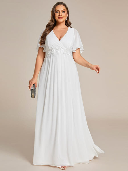 Women's Graceful Plus Size Floral A-Line Chiffon Evening Dress with Short Sleeves