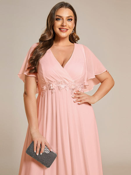 Women's Graceful Plus Size Floral A-Line Chiffon Evening Dress with Short Sleeves