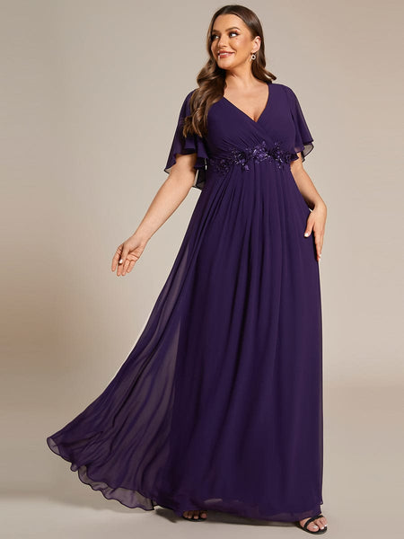 Women's Graceful Plus Size Floral A-Line Chiffon Evening Dress with Short Sleeves