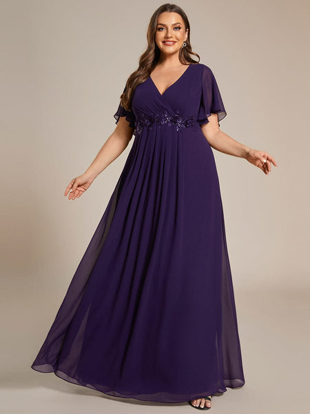Women's Graceful Plus Size Floral A-Line Chiffon Evening Dress with Short Sleeves
