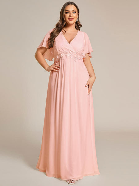 Women's Graceful Plus Size Floral A-Line Chiffon Evening Dress with Short Sleeves