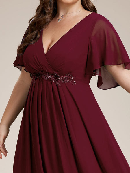 Women's Graceful Plus Size Floral A-Line Chiffon Evening Dress with Short Sleeves