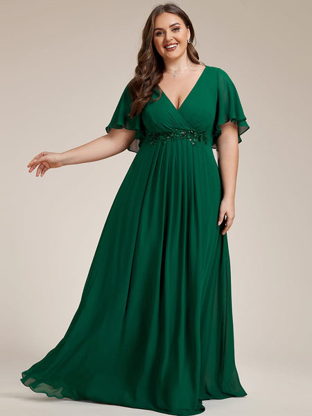 Women's Graceful Plus Size Floral A-Line Chiffon Evening Dress with Short Sleeves