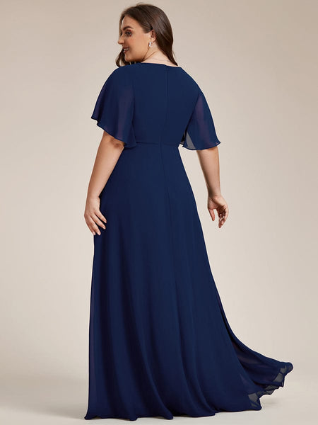Women's Graceful Plus Size Floral A-Line Chiffon Evening Dress with Short Sleeves