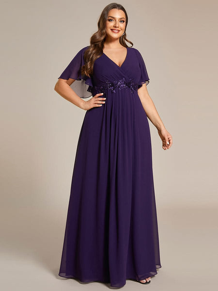 Women's Graceful Plus Size Floral A-Line Chiffon Evening Dress with Short Sleeves