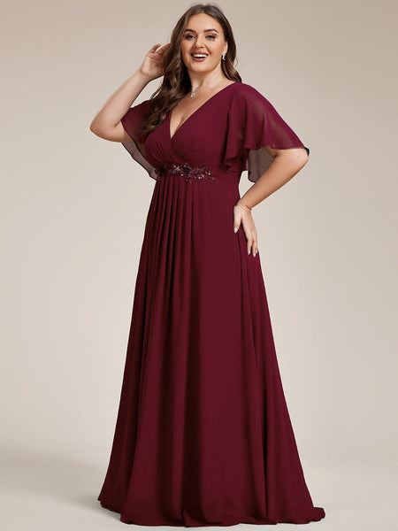 Women's Graceful Plus Size Floral A-Line Chiffon Evening Dress with Short Sleeves