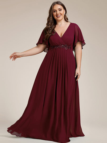Women's Graceful Plus Size Floral A-Line Chiffon Evening Dress with Short Sleeves